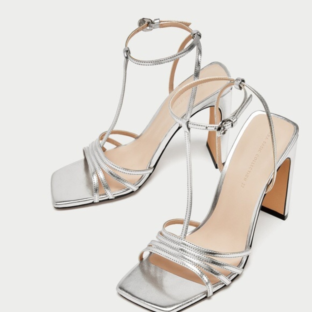 Zara silver metallic T strap square toe sandals 41